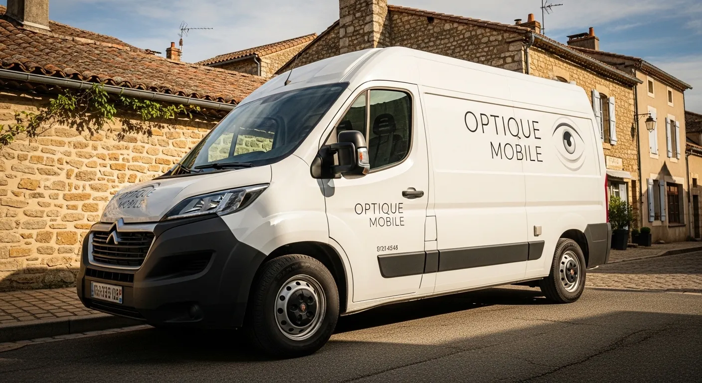 Camion d'optique mobile garé dans une rue française — véhicule d'opticien itinérant