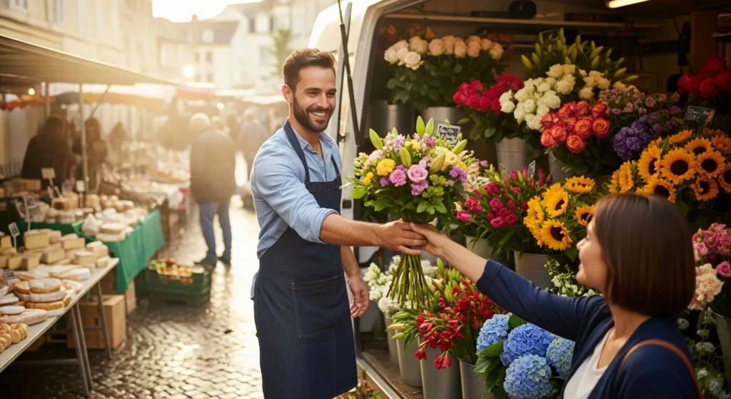 Un fleuriste tend un bouquet de fleurs fraîches à sa cliente depuis son flower truck sur un marché en France