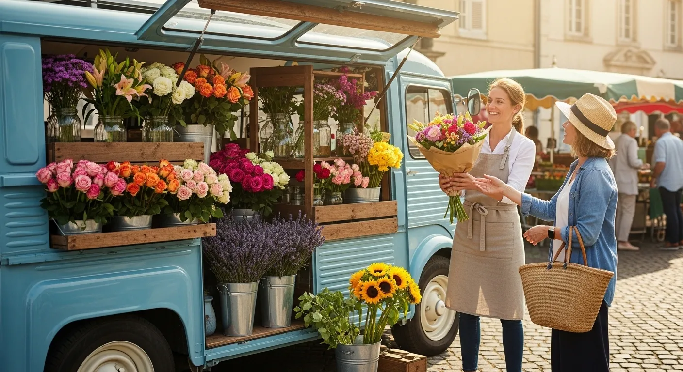 Un flower truck coloré sur un marché, exemple de commerce ambulant rentable dans le secteur floral