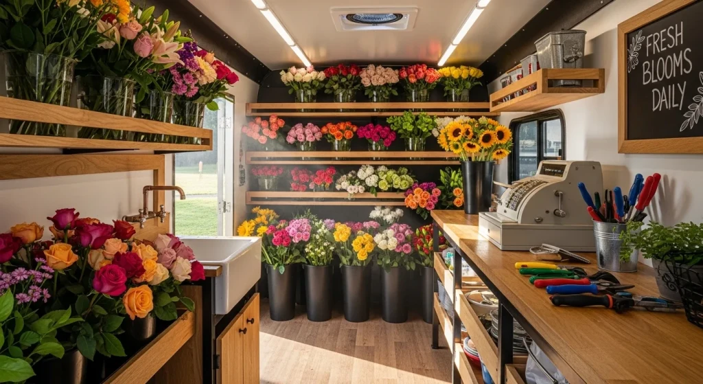 Vue de l'intérieur aménagé d'un flower truck avec étagères et présentoirs, prêt pour une journée de vente en commerce ambulant