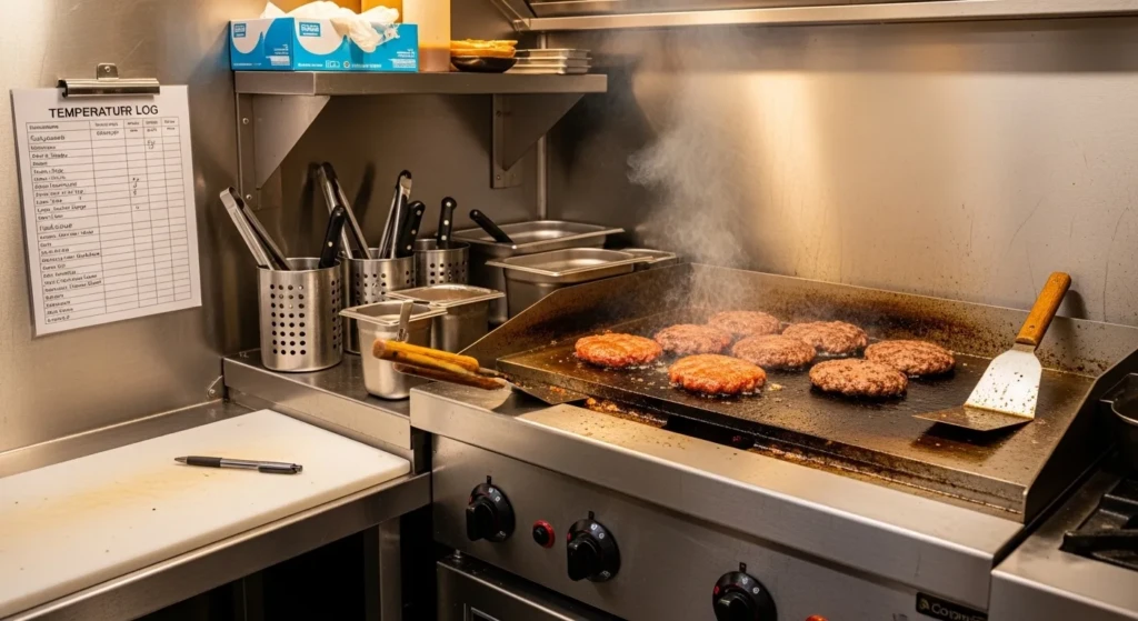 Professionnel d'un food truck consultant un plan de maîtrise sanitaire HACCP avec fiches de traçabilité et relevés de températures