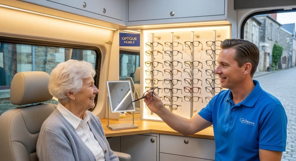 Un opticien mobile conseillant une personne âgée à domicile sur le choix de lunettes