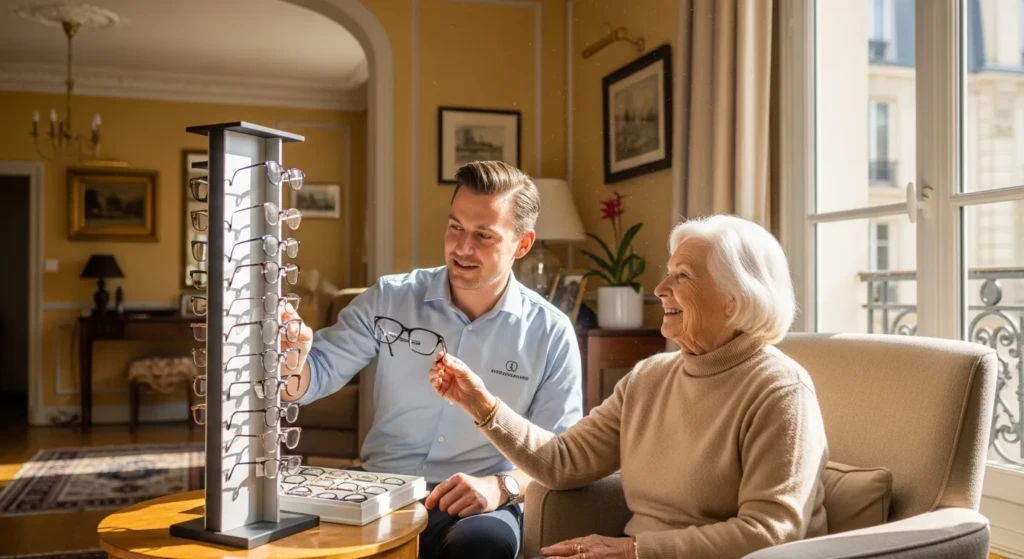 Optique mobile. Un opticien mobile présentant des montures à une personne âgée