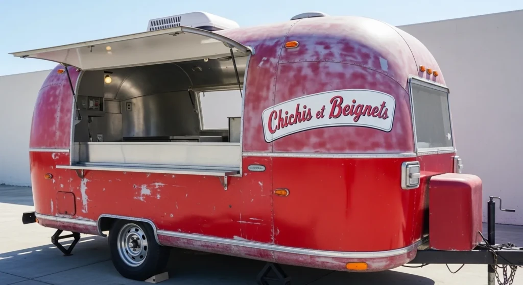 remorque food truck vieillissante sur un parking