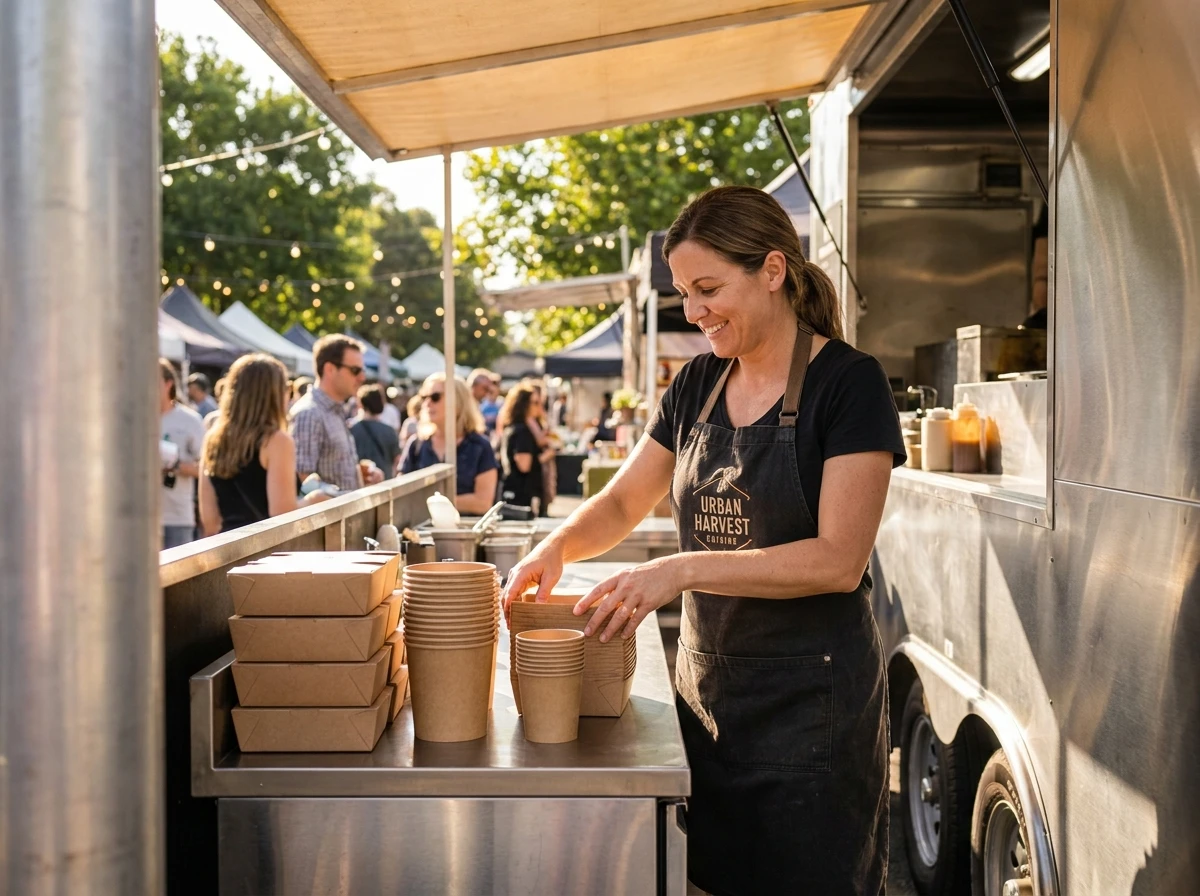 Vendeur de food truck rangeant des emballages recyclables conformes au PPWR Suggestion visuelle : Un exploitant de food truck classe des boîtes en carton kraft et des barquettes recyclables sur le comptoir de son camion, pancarte du menu visible en arrière-plan.