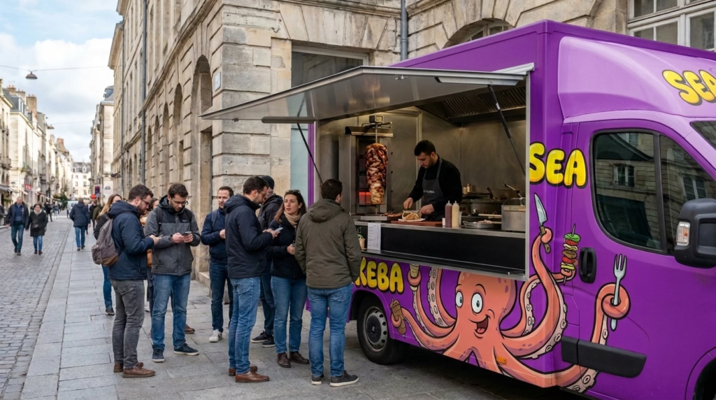 Food truck proposant du kebab de poulpe avec broche verticale visible et clients devant
