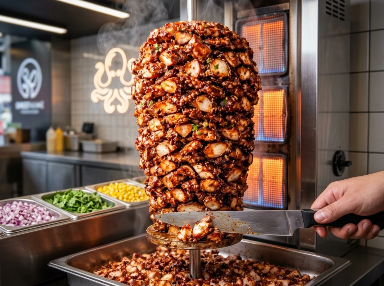 Broche verticale de kebab de poulpe avec tentacules empilés devant les brûleurs
