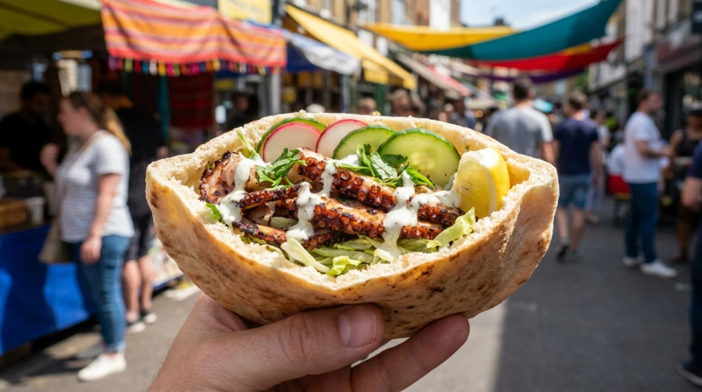Sandwich pita garni de kebab de poulpe émincé avec crudités et sauce citronnée